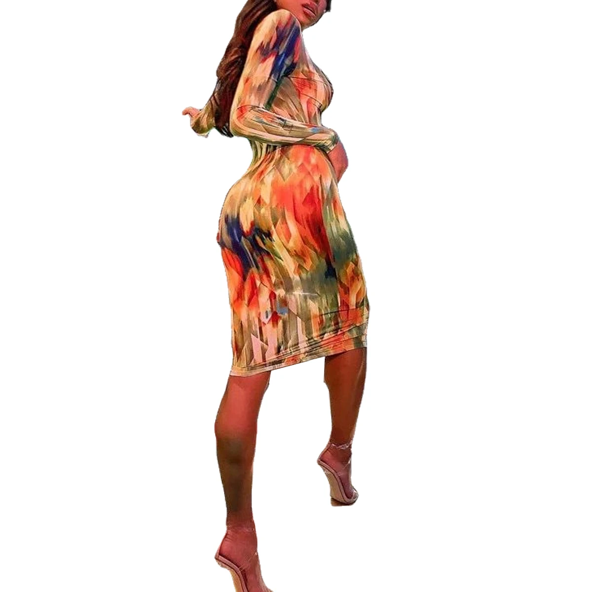 Платье-миди с градиентным принтом V-образным вырезом и длинным рукавом | Женская