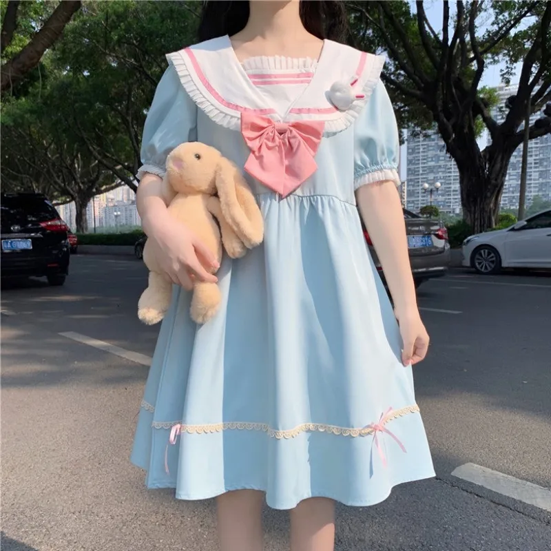 

Summer Kawaii Casual Blue Dress Teens Lolita Soft Girls Clothes Cute Bunny Ear Sailor Collar White Short Sleeve Dresses Black