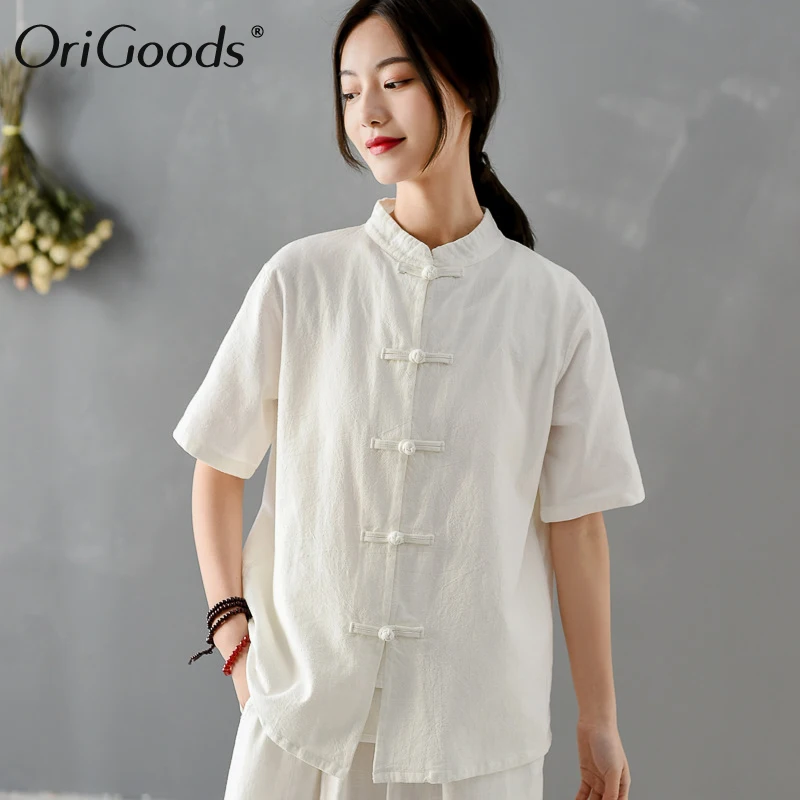Женская рубашка в китайском стиле OriGoods белая хлопковая блузка винтажном