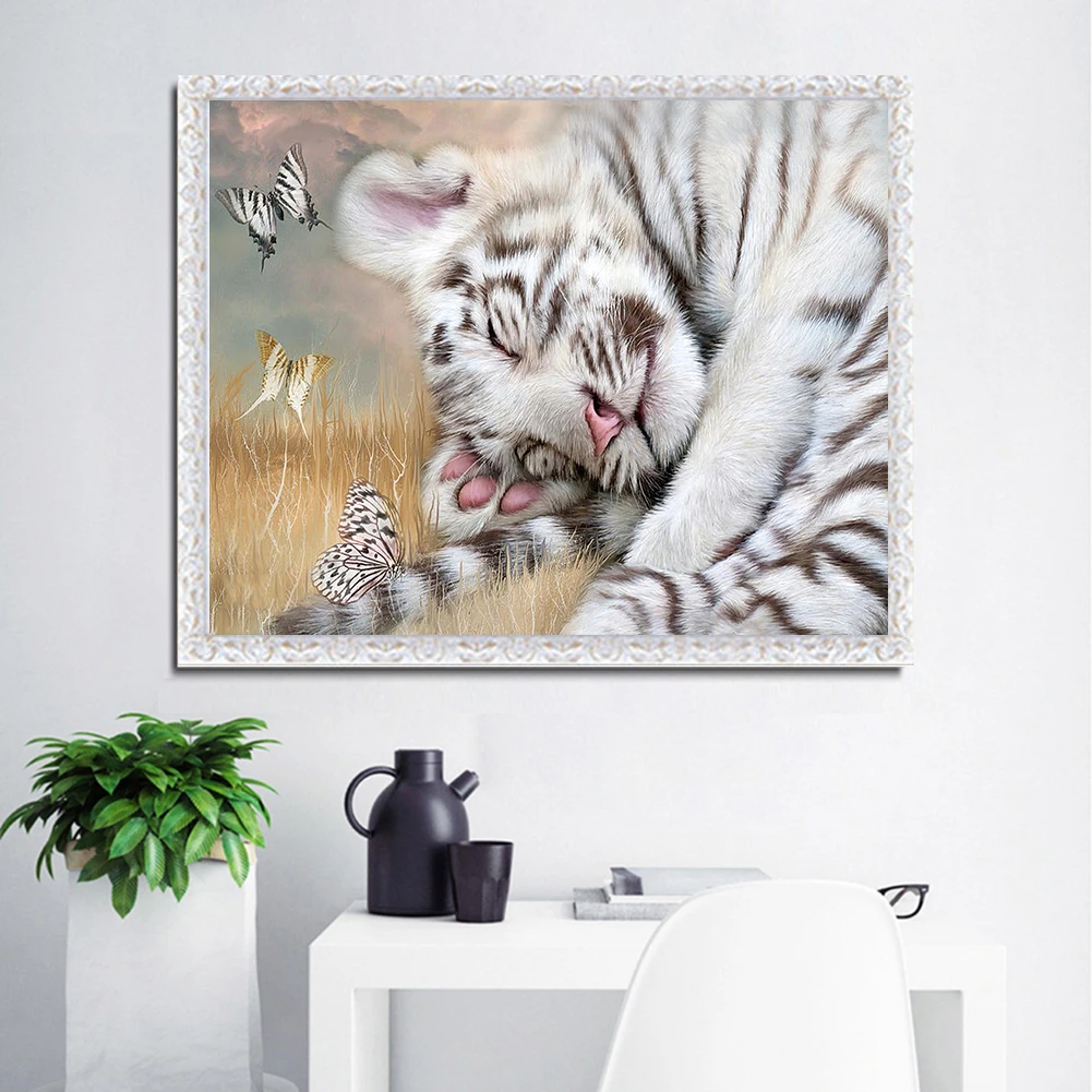 

5D Diy Diamond Painting White Tiger Noon Sleeping Rhinestone Square/round Diamond Embroidery Mosaic Bead Home Decoration Gift