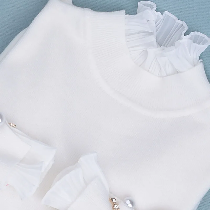 Pearl Knitted Women Sweaters and Pullovers Ruffles Lace Patchwork Solid Lantern Sleeved Lady Elegant Pulls Fashion Outwear Tops | Женская
