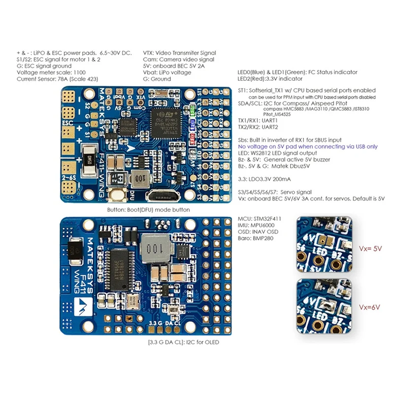 F411-WING STM32F411 управление полетом с INAV OSD MPU6000 BMP280 поддержка Flywings фиксированное крыло