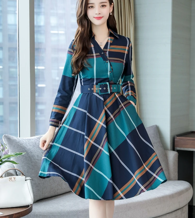 Женское платье Осень Зима с длинным рукавом в полоску клетчатое рубашка