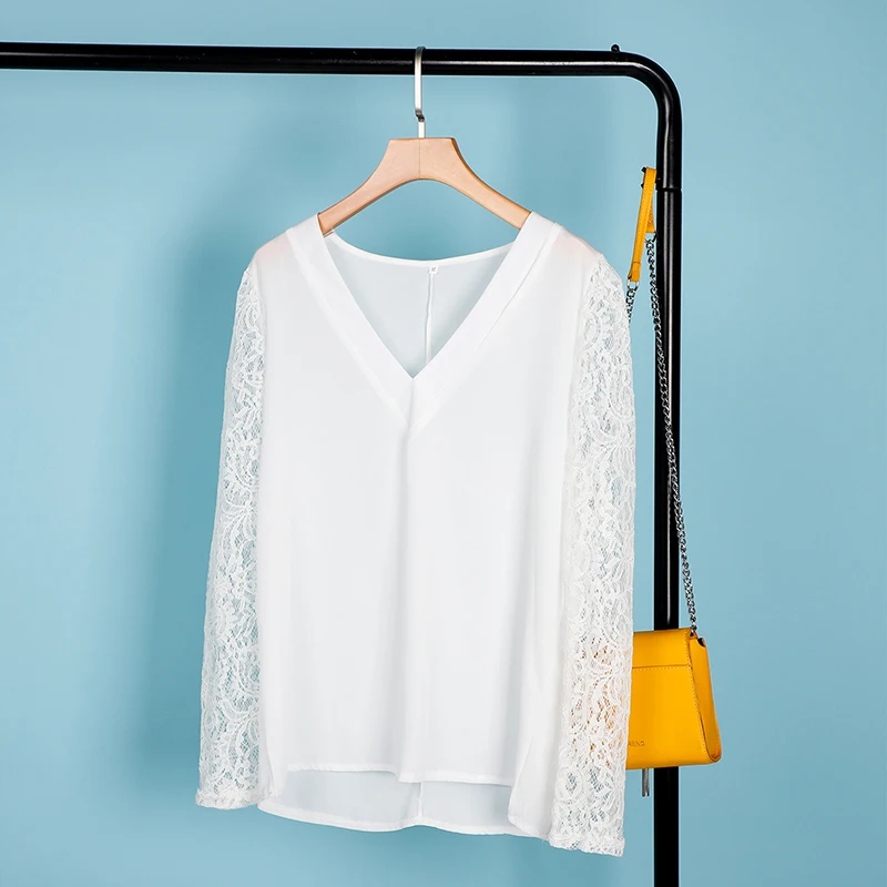 

Women V-neck Lace Hollow Out Blouse Patchwork Long Sleeve White Office Ladies Blouses 2021 Summer Casual Solid Female Tops