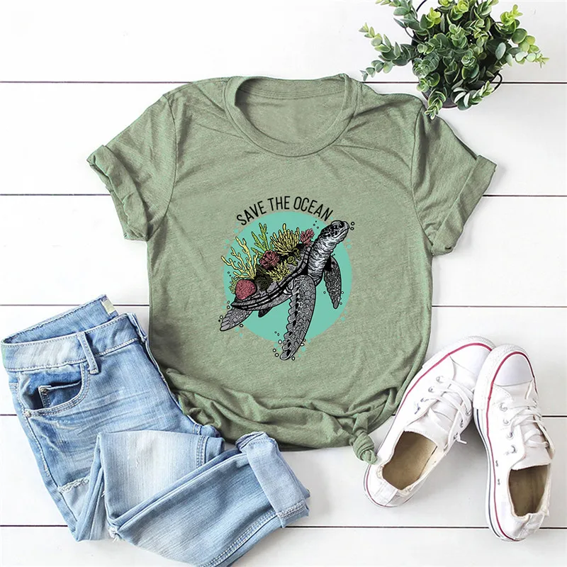 

Save The Ocean Letter Print TShirt for Women Plus Size T Shirt O Neck Short Sleeve Tees 100%Cotton Top Graphic Woman Tshirts