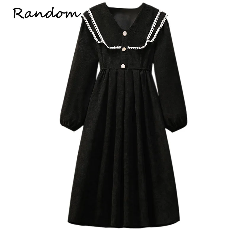 

Women Plus Size 4XL Christmas Corduroy Party Dress Long Sleeve Sweet Lace Navy collar Vintage Dress New Winter Outwear Clothing