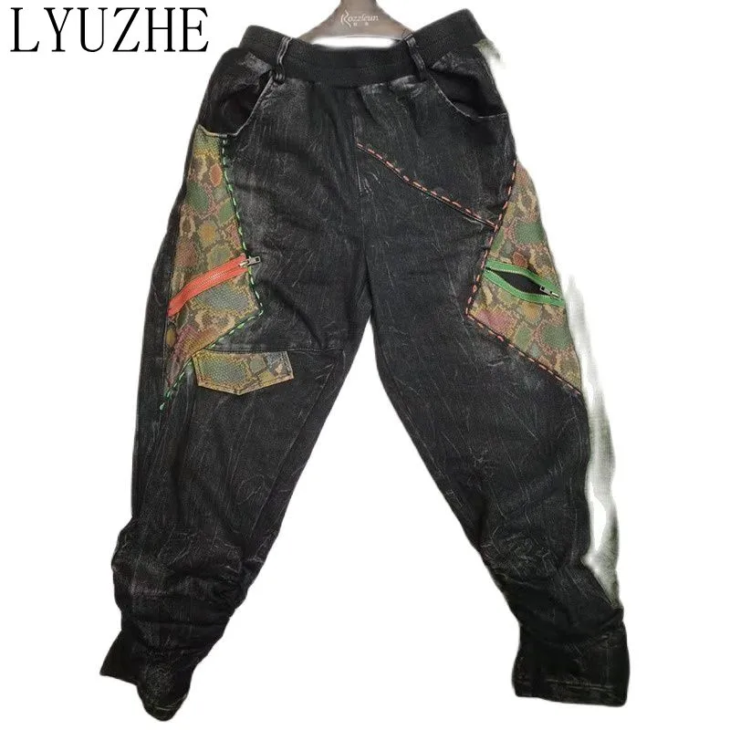 

LYUZHE 2022 Spring Winter High Waist Casual Washed Distressed Thick Jeans Vintage Print Embroidered Denim Harem Pants TT138L