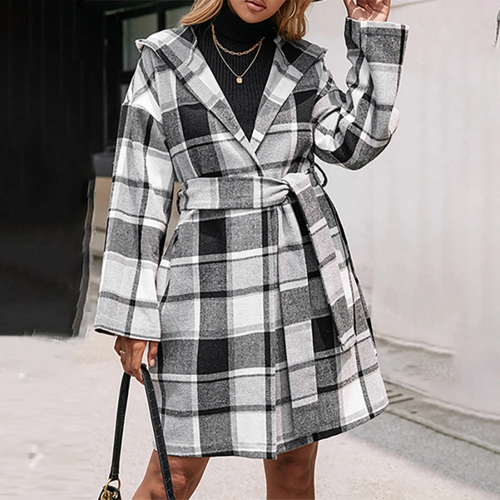 

2021 New Autumn Winter Overcoat Fashion Casual Lattice Long Sleeve Hooded Brown Temperament Commute Cardigan Women Overcoat