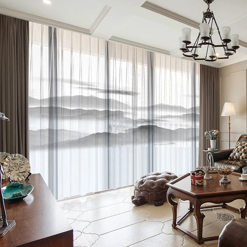 

Gray White Ink Minimal Art Desgin Chiffon Fabric Curtain for Living Studyroom Bedroom Window Tulle Curtains Customized Size