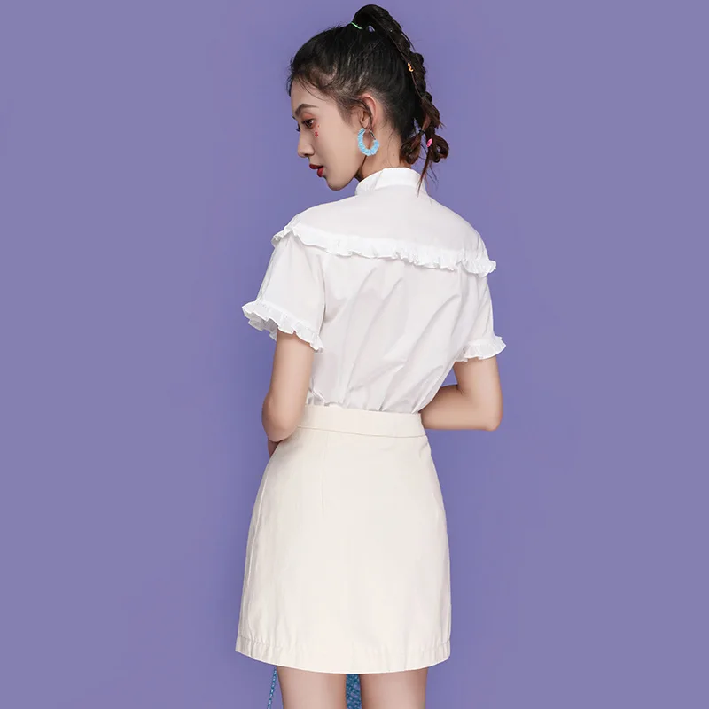 Женская блузка с коротким рукавом белая рубашка в китайском стиле