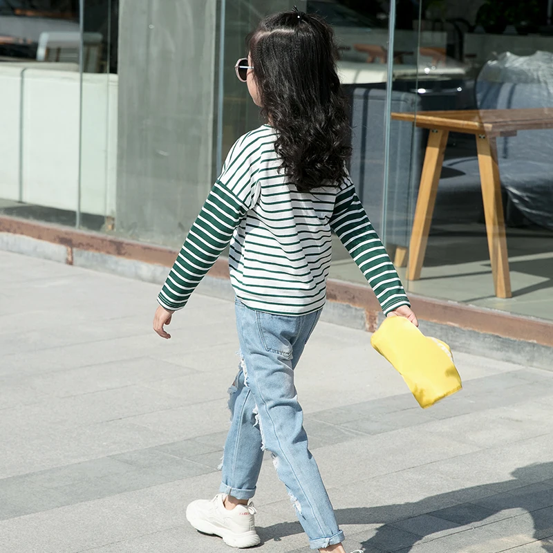 Детская футболка для девочек хлопковая в полоску с длинными рукавами подростков