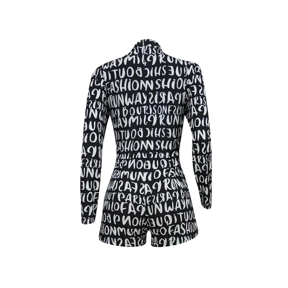 

European fashion alphabet print tight Jumpsuit casual slim fit high neck long sleeve women's top and shorts
