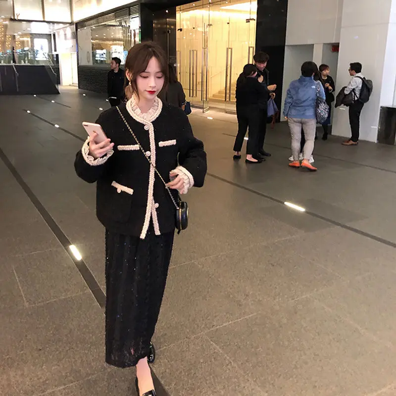 

Palace lace stitching fake two-piece bright silk tweed small fragrance coat women's short autumn and winter woolen coat