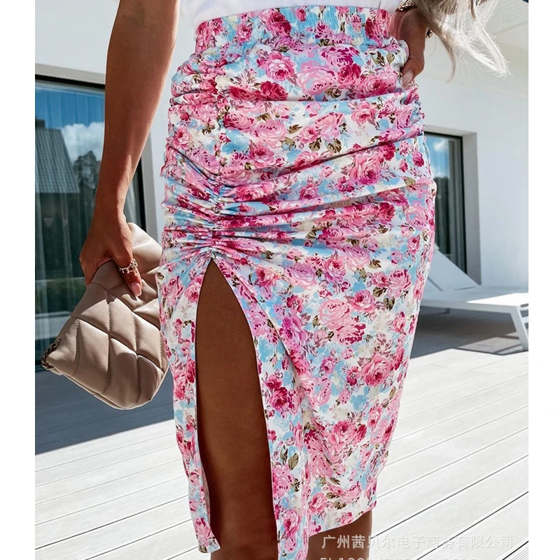 

Юбка-карандаш Wepbel женская с завышенной талией, розовая юбка с разрезом, с цветочным принтом, до колена, лето
