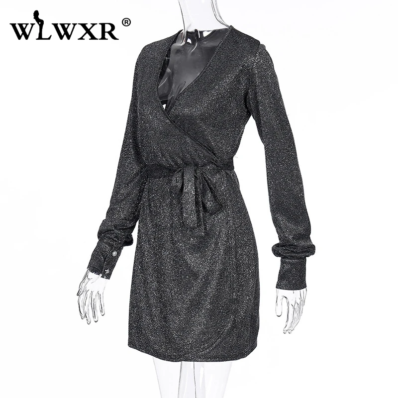 WLWXR блестящее Золотое сексуальное облегающее мини платье для женщин с v образным
