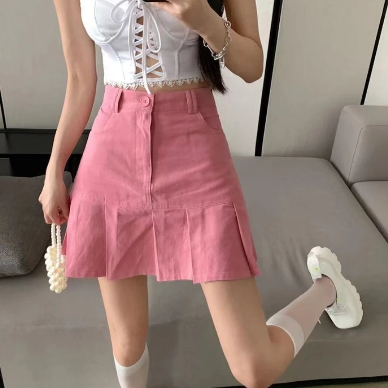 

Плиссированные мини-юбки HOUZHOU в стиле Харадзюку, розовая джинсовая юбка с завышенной талией, сексуальная летняя Женская милая уличная одежд...