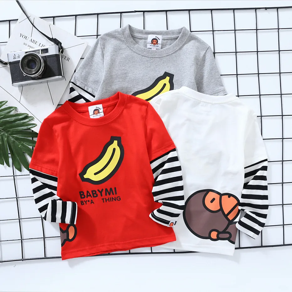 

2021 New Kids Boy Girls Cartoon Banana Stripe Pattern Printed Hip Hop Tops Long Sleeve Shirt Children Clothes