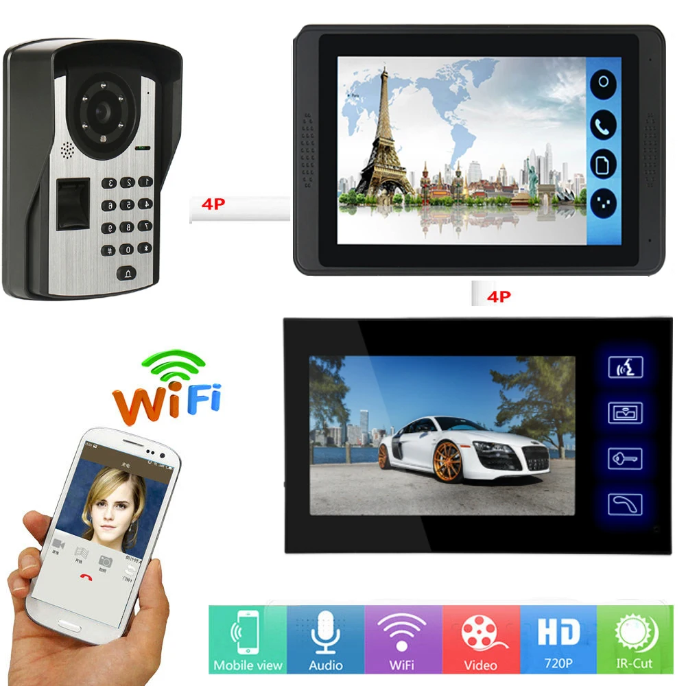 APP Controle Video Intercom 7 Inch LCD WIFI Draadloze Video Deurtelefoon Deurbel RFID Wachtwoord Vingerafdruk Unlock Intercom Systeem