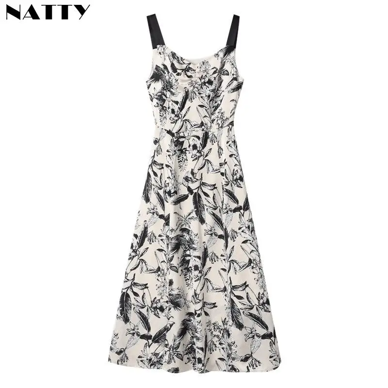 

Women's France Style Sweet Summer Spring Autumn Holiday Dress Sleeveless Printed Mid-calf Dress V-neck Spaghetti Strap Dresses