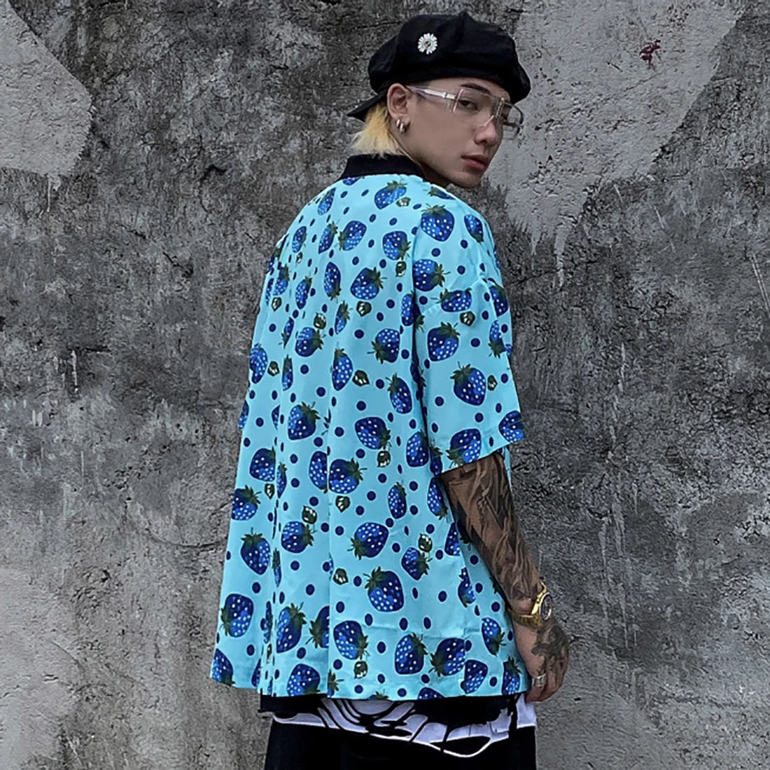 ATSUNSET Fruit Strawberry Full Print Shirt Hip Hop Streetwear Harajuku Shirt Hawaiian Short Sleeve Cotton Fashion Tops