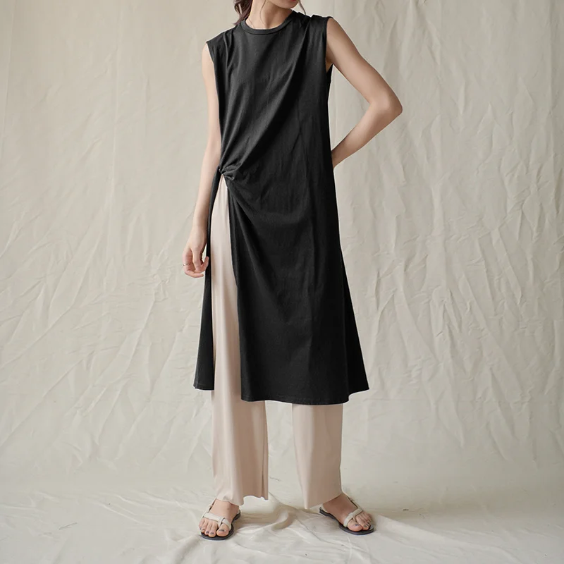 

Qooth Sleeveless Irregular Mid-length Split Shirt Skirt Womens Summer Thin O-Neck Solid Dress Fashion Causal Cotton Dress QT698