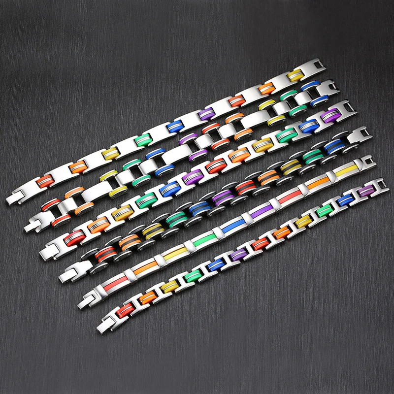 Силиконовый браслет из нержавеющей стали 316L мужской с радужной застежкой