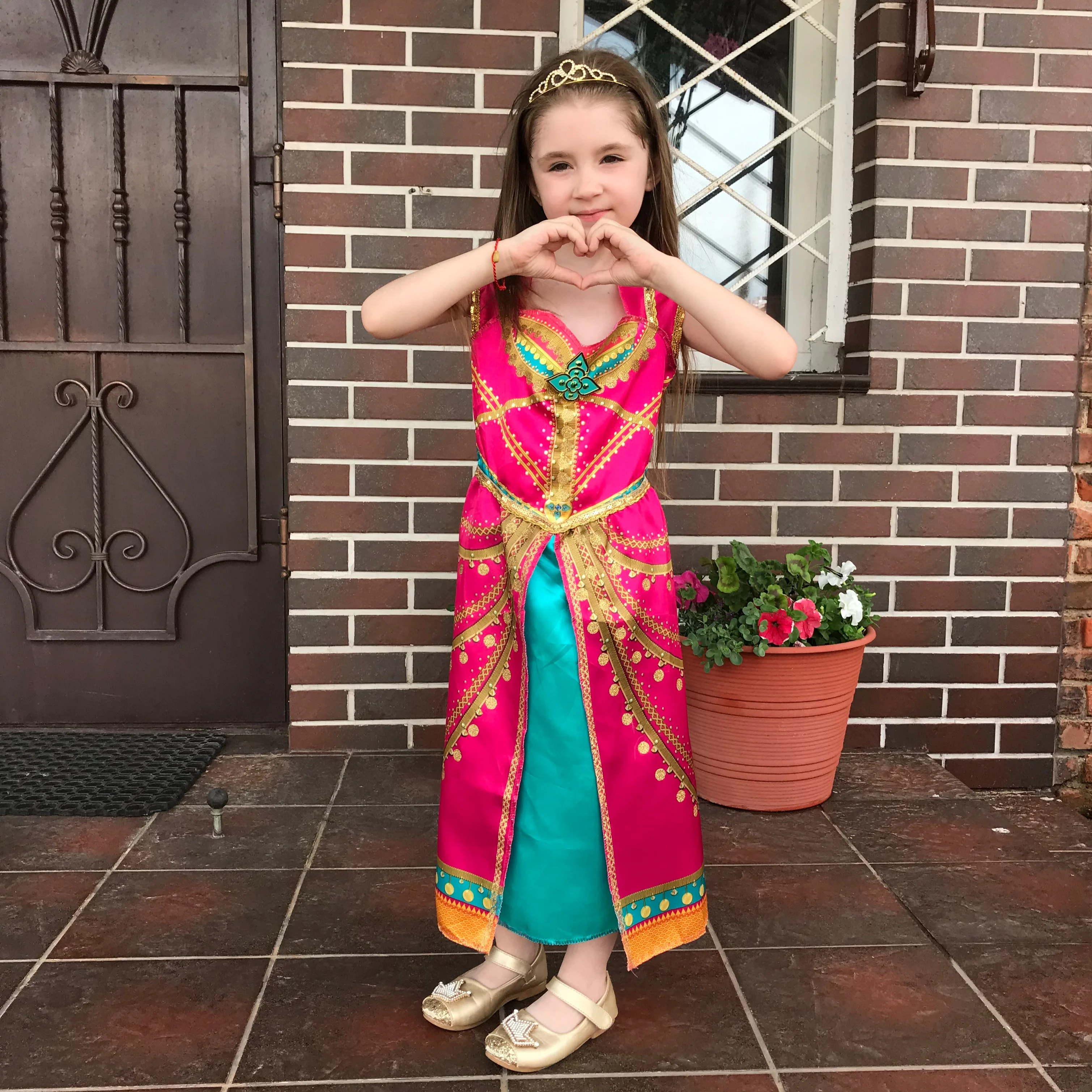Девушки Алладин Принцесса Жасмин платье Дети Хэллоуин костюм Розовый Фуксия