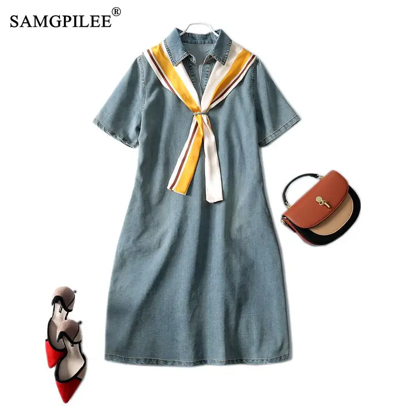 Summer Clothes Of Women 2022 New Casual Silk Scarf Stitching Lapel Denim A-line Short-sleeved Korean Style Dress Woman