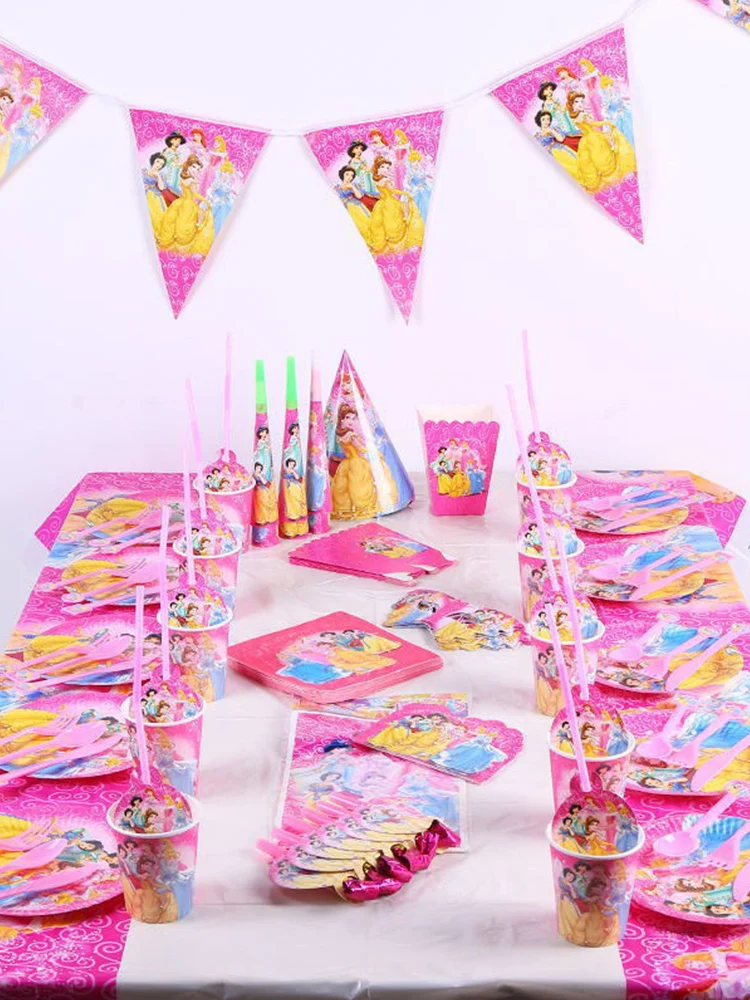 Suministros de fiesta de cumplea&ntilde;os para ni&ntilde;os y ni&ntilde;as, Set de guirnalda de papel de Disney, platos, tazas, decoraci&oacute;n para Baby Shower, 61 piezas-4