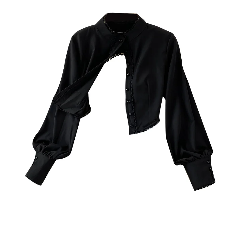 

White Long Sleeve Summer Shirt for Women Blouse Black Button Runway Designer European Chic Vintage Backless Female Crop Tops