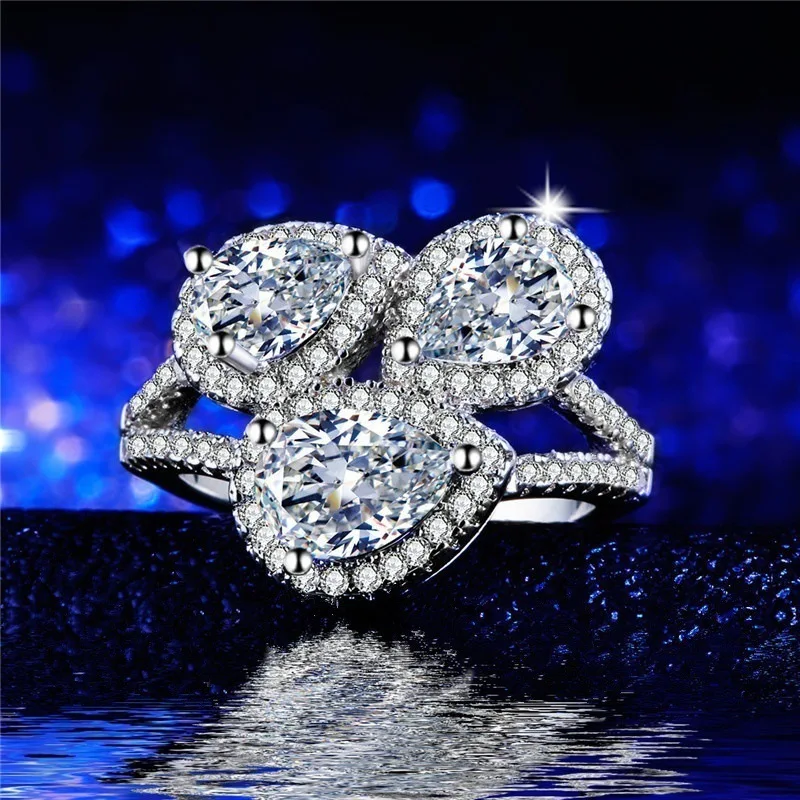 

Luxury Silver Color Inlaid Water Drop Crystal Rhinestone Zircon Female Ring for Women Party Wedding Jewelry