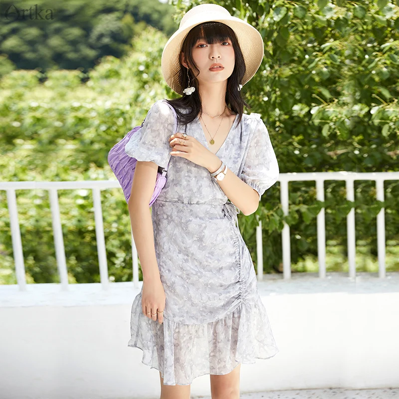 Женское винтажное платье с цветочным принтом ARTKA белое шифоновое во французском