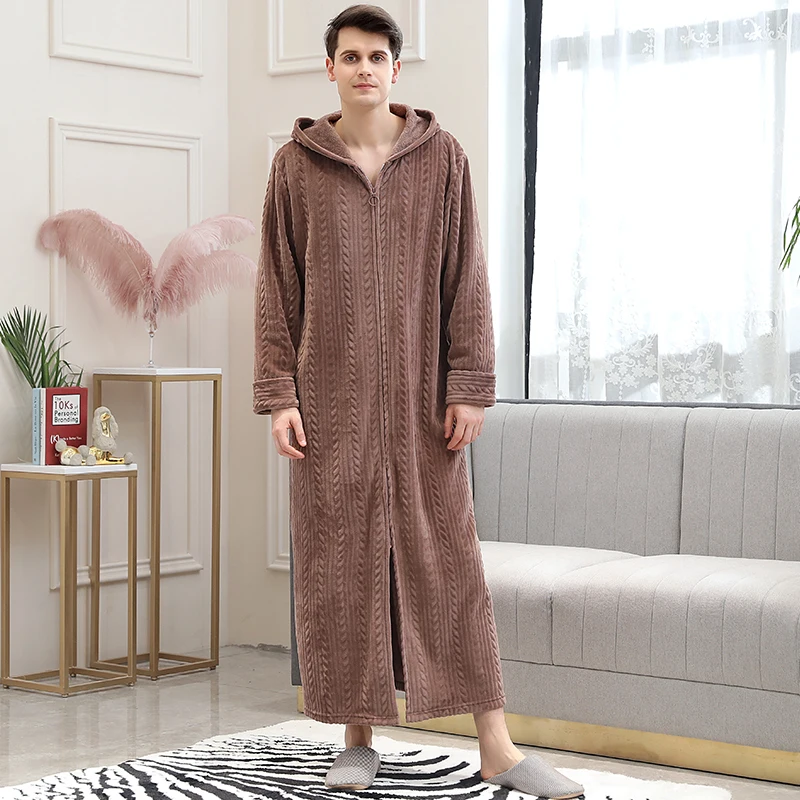 Мужской зимний теплый халат размера плюс из кораллового флиса, удобный фланелевый банный халат на молнии с капюшоном, ночной халат, женская одежда для сна - Цвет: Men Hooded Coffee