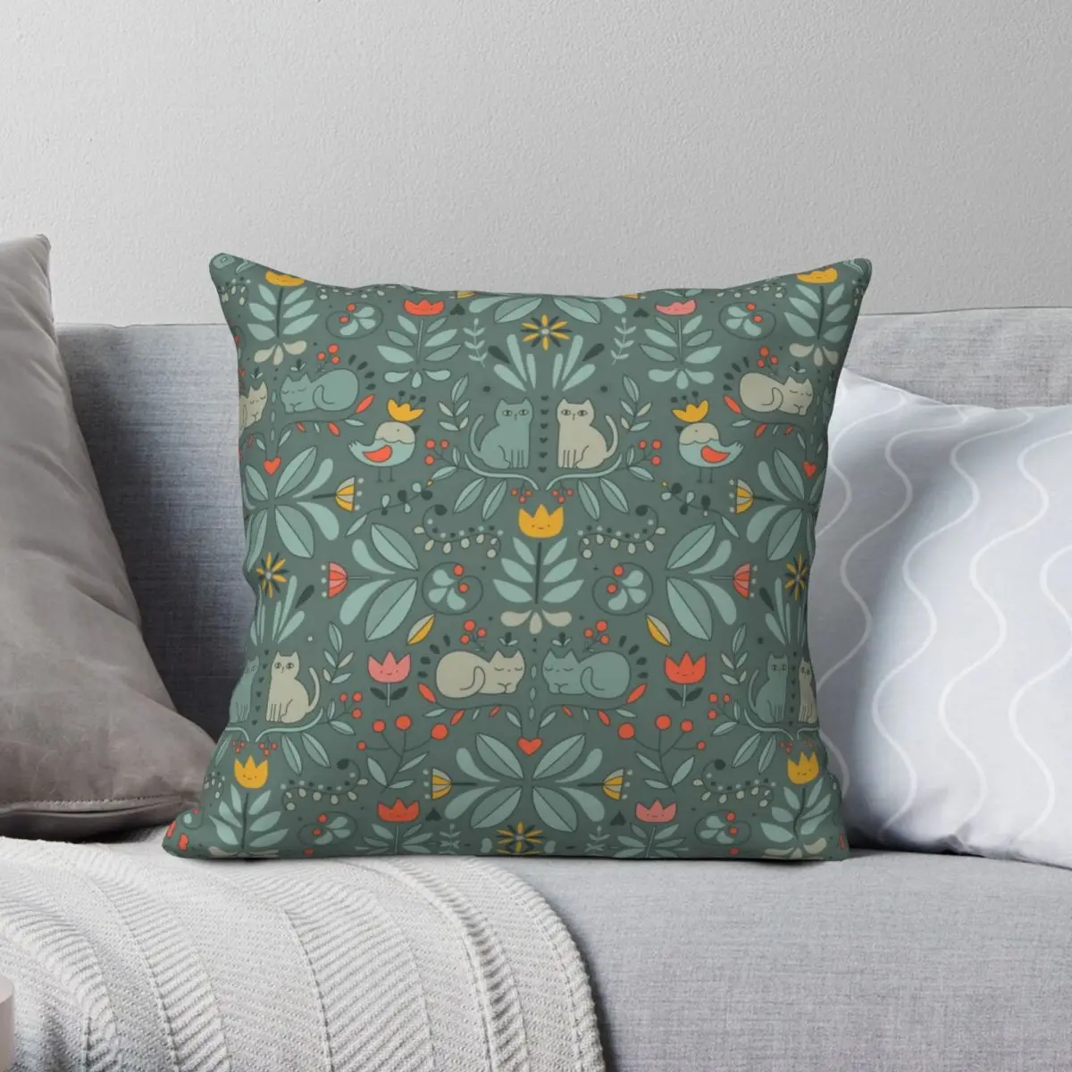 

Swedish Folk Cats Square Pillowcase Polyester Linen Velvet Printed Zip Decor Pillow Case Car Cushion Case