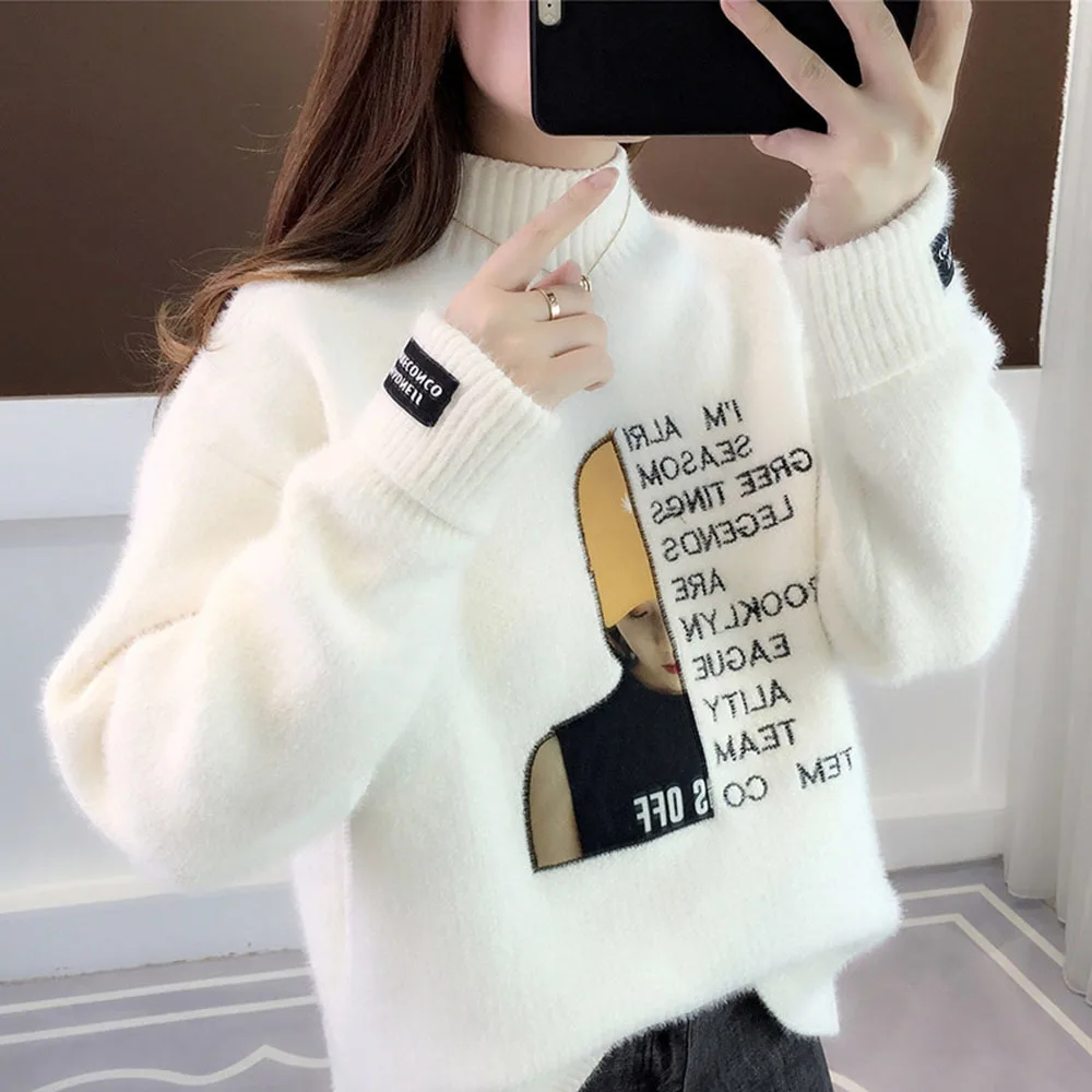 Autumn Winter Sweater Women Knitted Fashion Loose Casual Thick Sweaters Letter Long Sleeve Warm Ladies Pullover