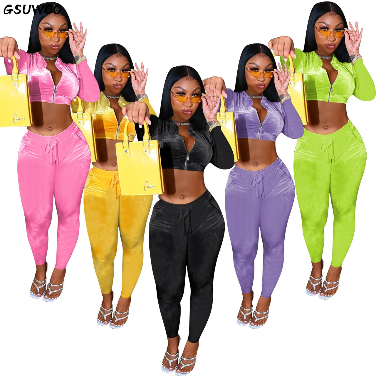 

GSUWOO Casual Velvet Workout Two Piece Set Women Solid Long Sleeve Crop Hoodies Jacket Jogger Sweatpants Outfit Active Tracksuit