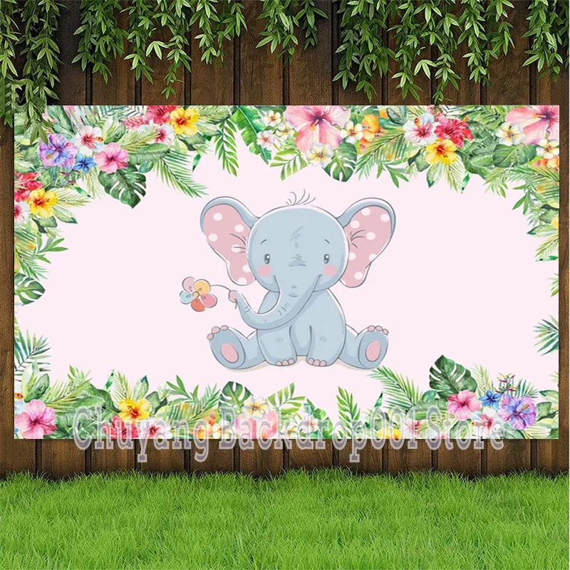 

Baby Elephant Newborn Wild One Backdrops Green Leaves Flowers Jungle Party Baby Shower Photo Background Vinyl Poster Home Decor