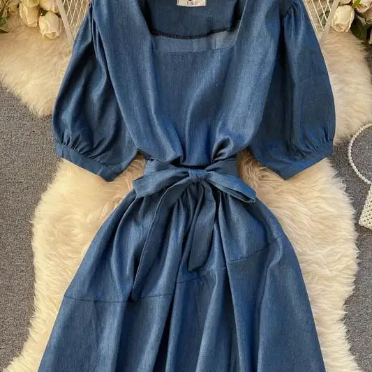 

Korean women's square neck A-line dress summer solid bubble sleeve slim short dress 2021 Mini Dress Party