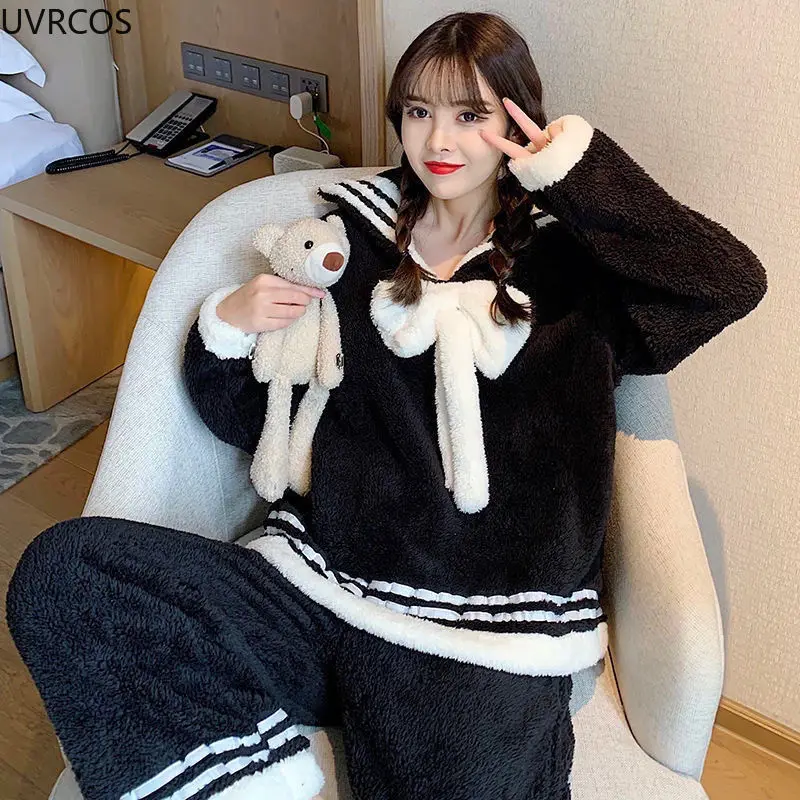 

Autumn Winter Women Sweet Sailor Collar Coral Fleece Pajamas Sets Kawaii Bow Warm Homewear Sleepwear Girl Top and Pants 2PC Set