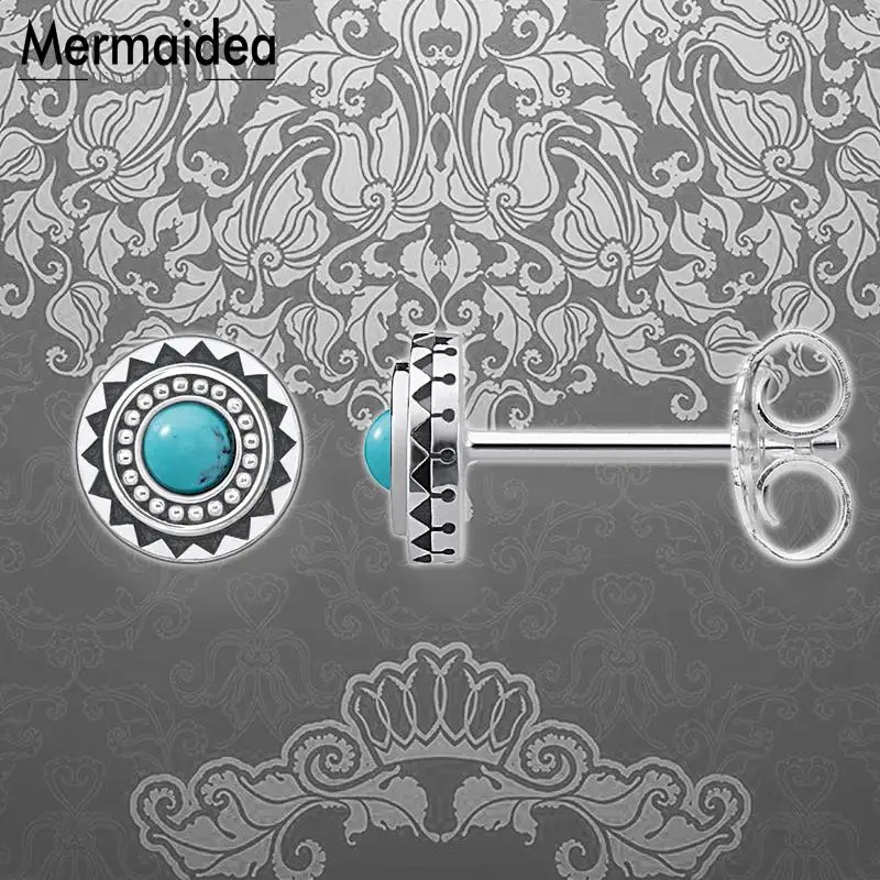 Серьги гвоздики круглые синие звезды посеребренные модные ювелирные изделия