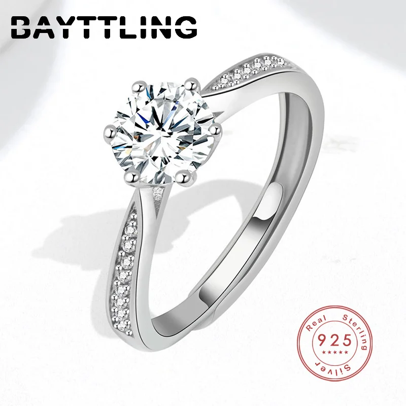 

BAYTTLING Luxury 925 Sterling Silver Fine Round Zircon Open Ring For Woman Fashion Party Wedding Couple Jewelry