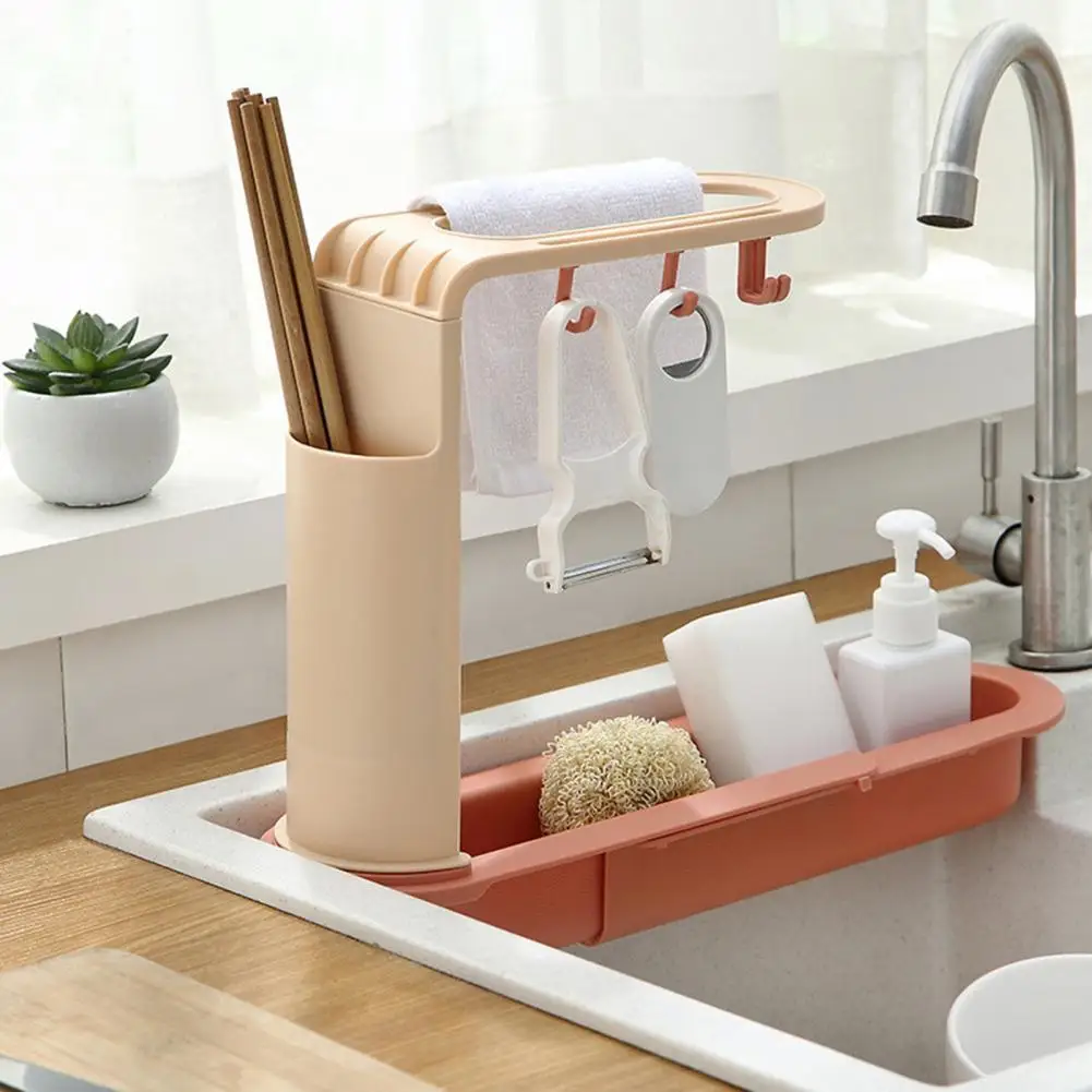 

Sink Rack Multifunctional with Hooks Plastic Adjustable Dish Drain Shelf for Kitchen