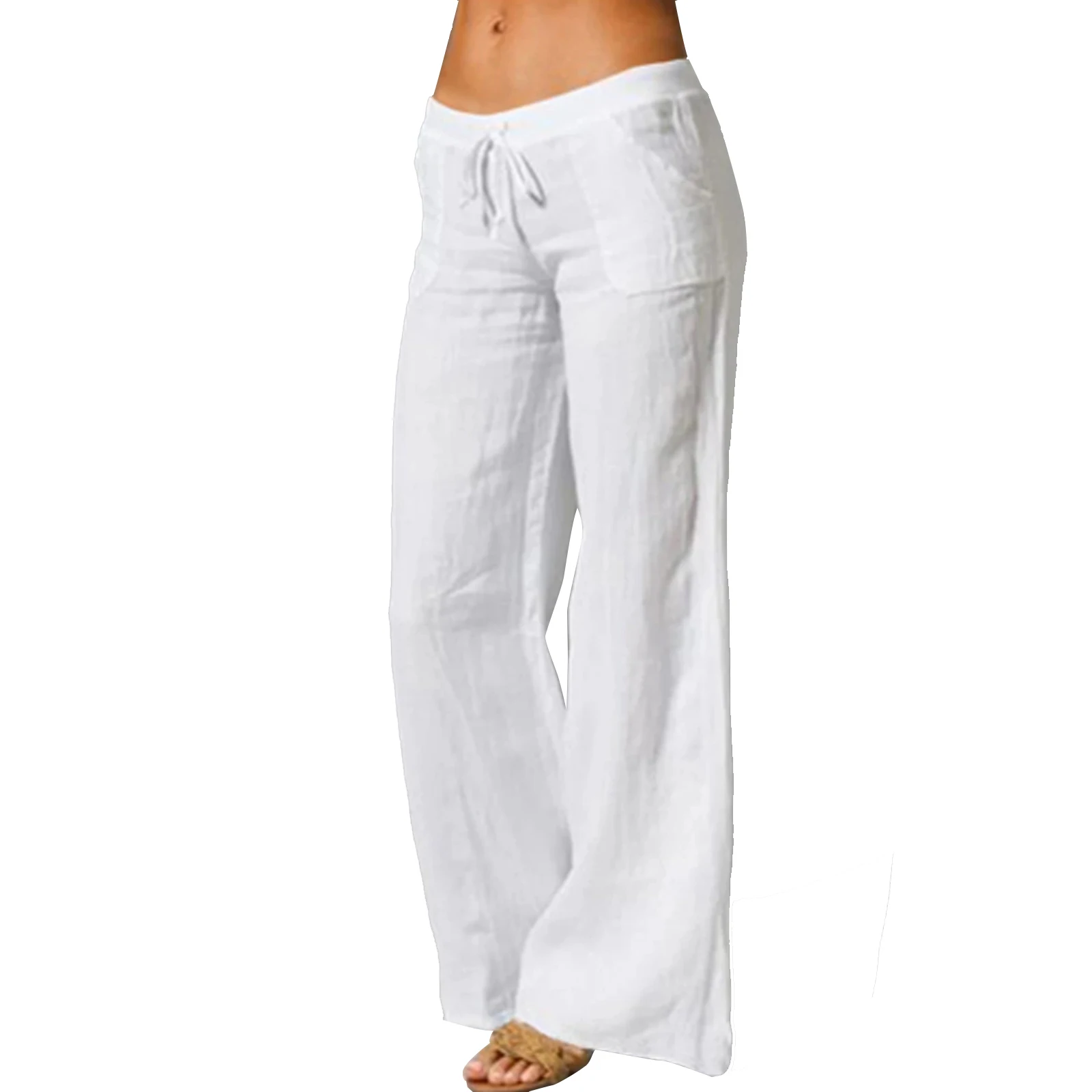 

Women Casual Loose Style Pants, Solid Color Elastic Low Waist Trousers, White/ Apricot/ Black