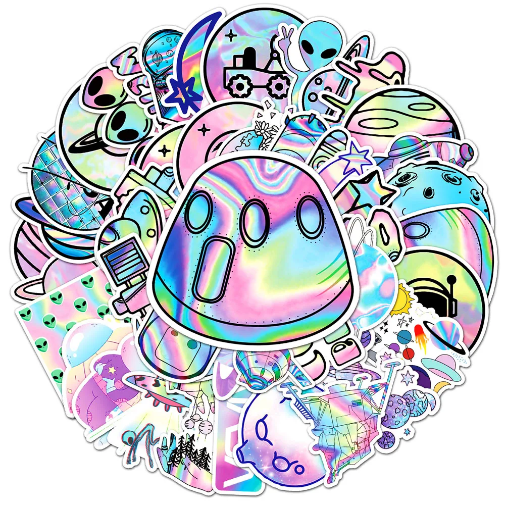 103050pcs holographic laser alien outer space cartoon stickers diy laptop luggage skateboard phone cool sticker for kids toy free global shipping