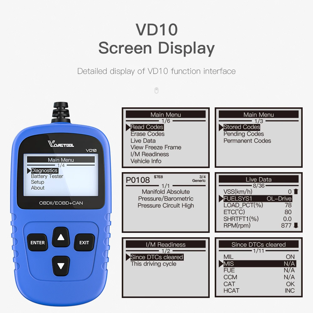 Obd2 сканер VD10 Автомобильный штрих кода EOBD (система бортовой диагностики