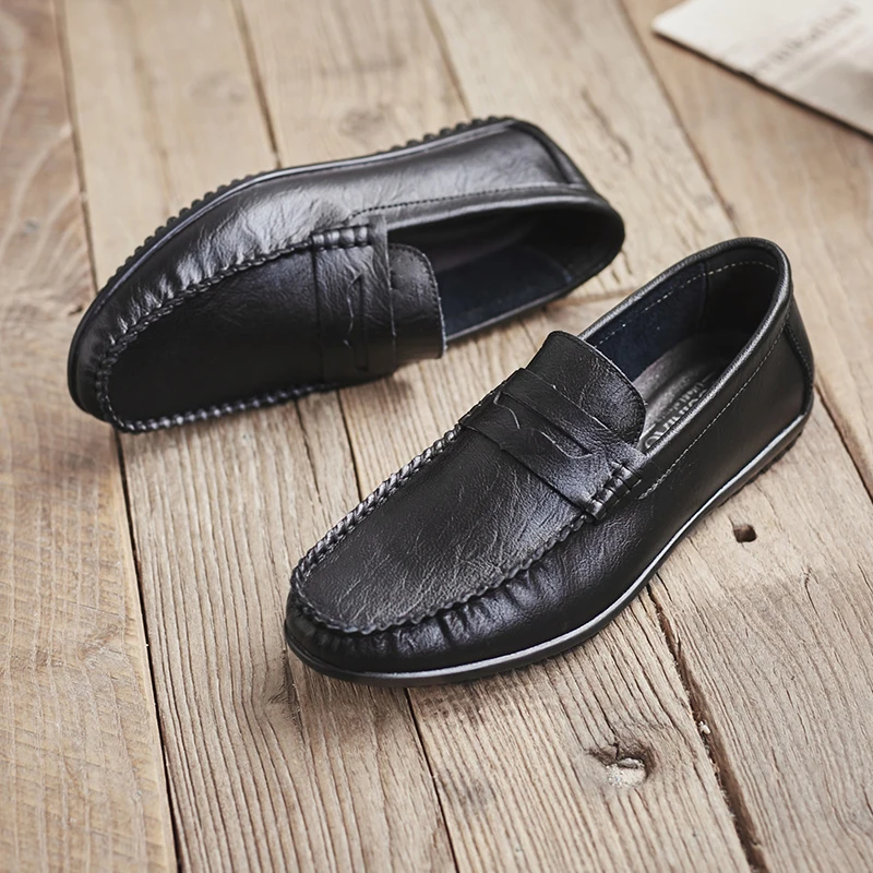 Туфли мужские классические легкие лоферы без застежки плоская подошва