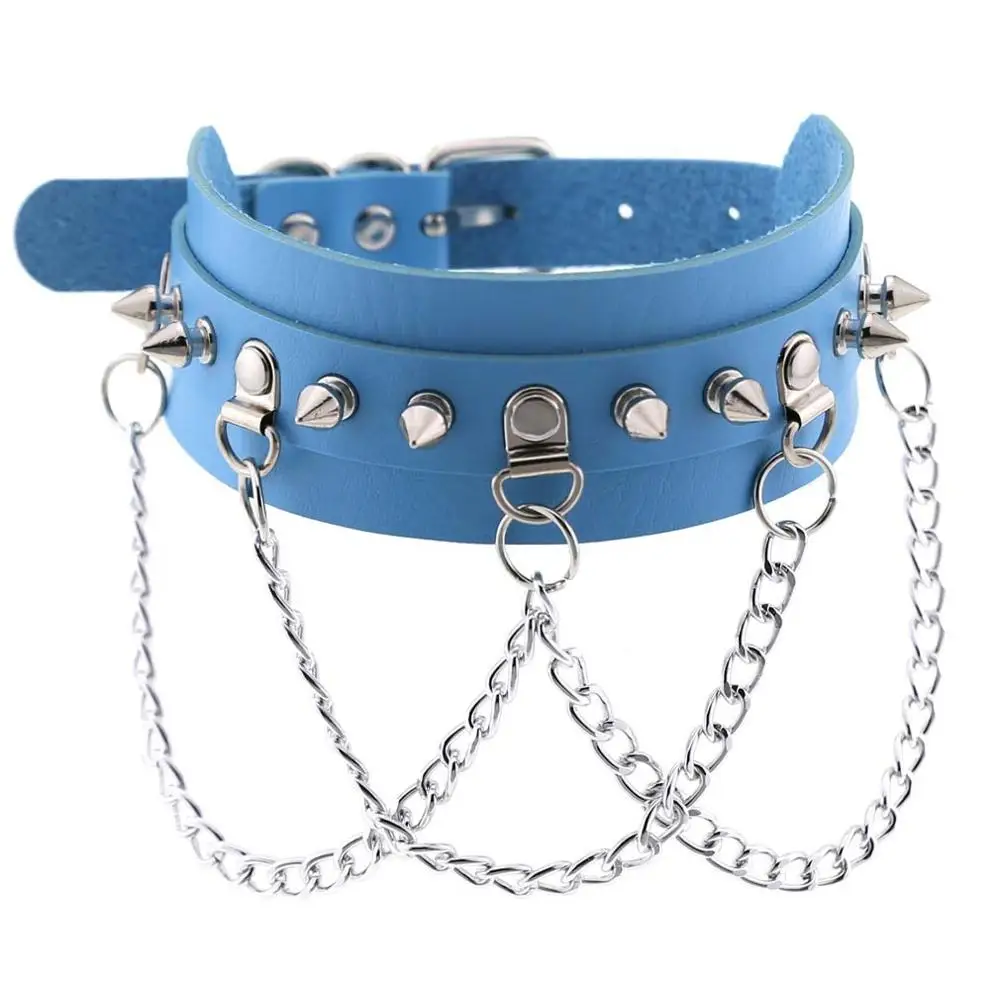 light blue Панк готический чокер цепь украшенная заклепками ошейник из искусственной кожи шип чокер ожерелье чокер крутая Готическая Бижутерия Аксессуары - Окраска металла: light blue