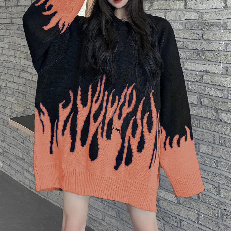 Gagaok Loose Harajuku Women Sweater Knit Top Spring Autumn Flame Sweaters Female Fashion Long Outfit Pullovers Plus Size | Женская