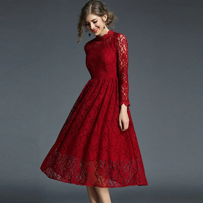 Women Vintage Lace Medium Long Party Dress Women's Spring Autumn Elegant Stand Collar Casual Dresses Red High Waist Vestidos | Женская
