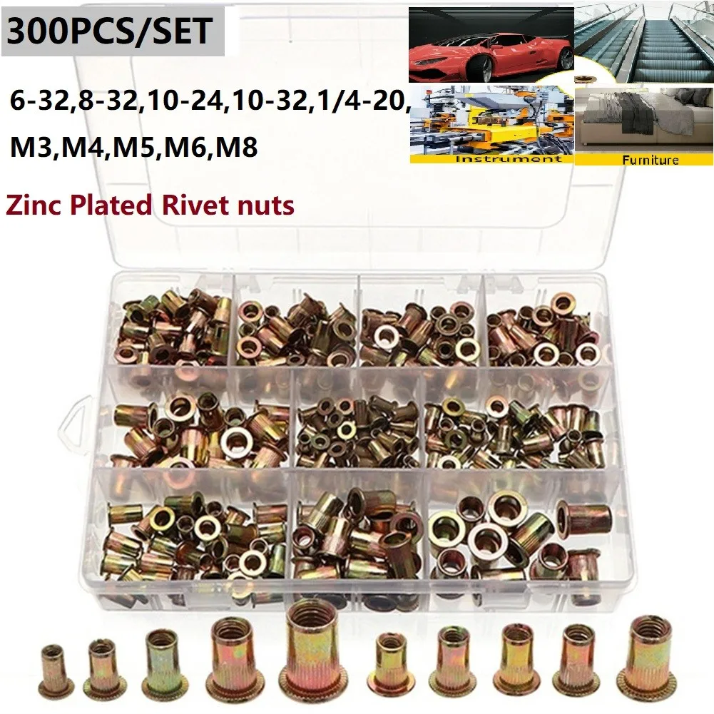 

300X Carbon Staal Rivet Moeren Verzinkt M3 M4 M5 M6 M8 Platte Kop Klinknagel Noten Insert Rivnut Set Hardware Onderdelen Box